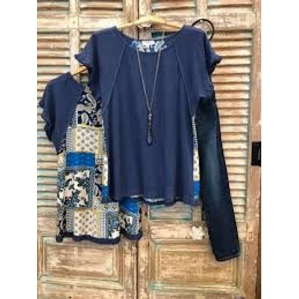 Boho Umgee Navy Peasant Linen Blend Paisley Patchwork Fringe Top Medium